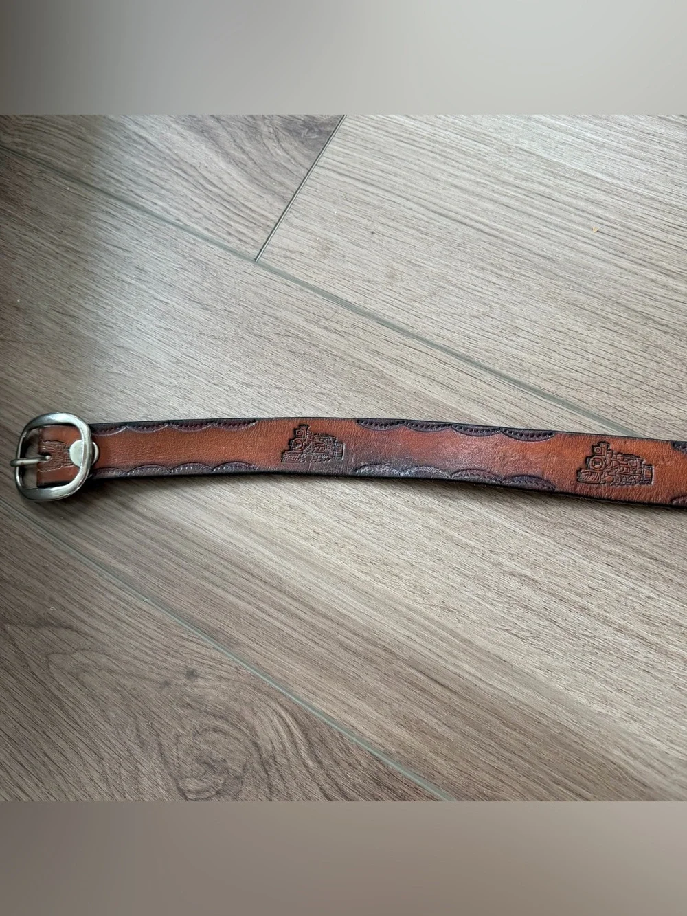 Vintage Brown Leather Train Embossed Belt